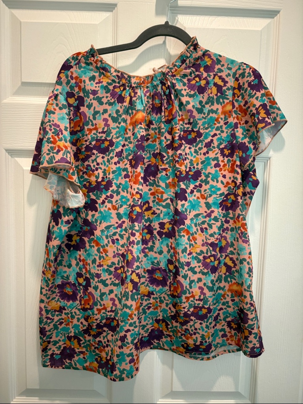 Simple Fun Floral Gathered-Neck Blouse in Teal, Purple & Orange